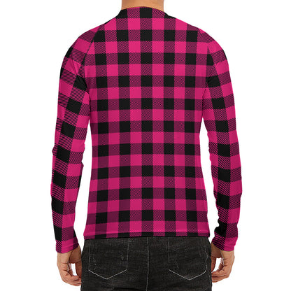 Pink And Black Buffalo Plaid Print Men's Long Sleeve Rash Guard