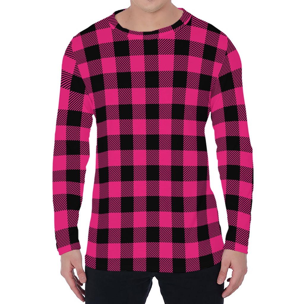 Pink And Black Buffalo Plaid Print Men's Long Sleeve T-Shirt