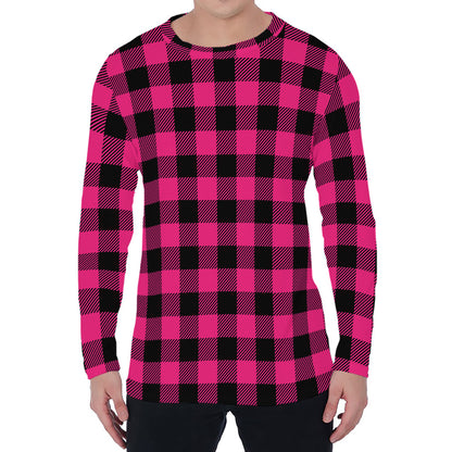 Pink And Black Buffalo Plaid Print Men's Long Sleeve T-Shirt