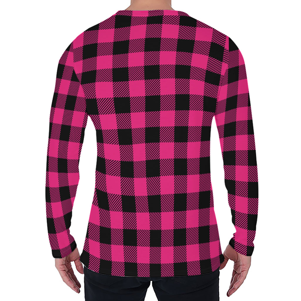 Pink And Black Buffalo Plaid Print Men's Long Sleeve T-Shirt