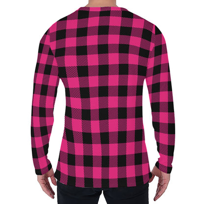 Pink And Black Buffalo Plaid Print Men's Long Sleeve T-Shirt