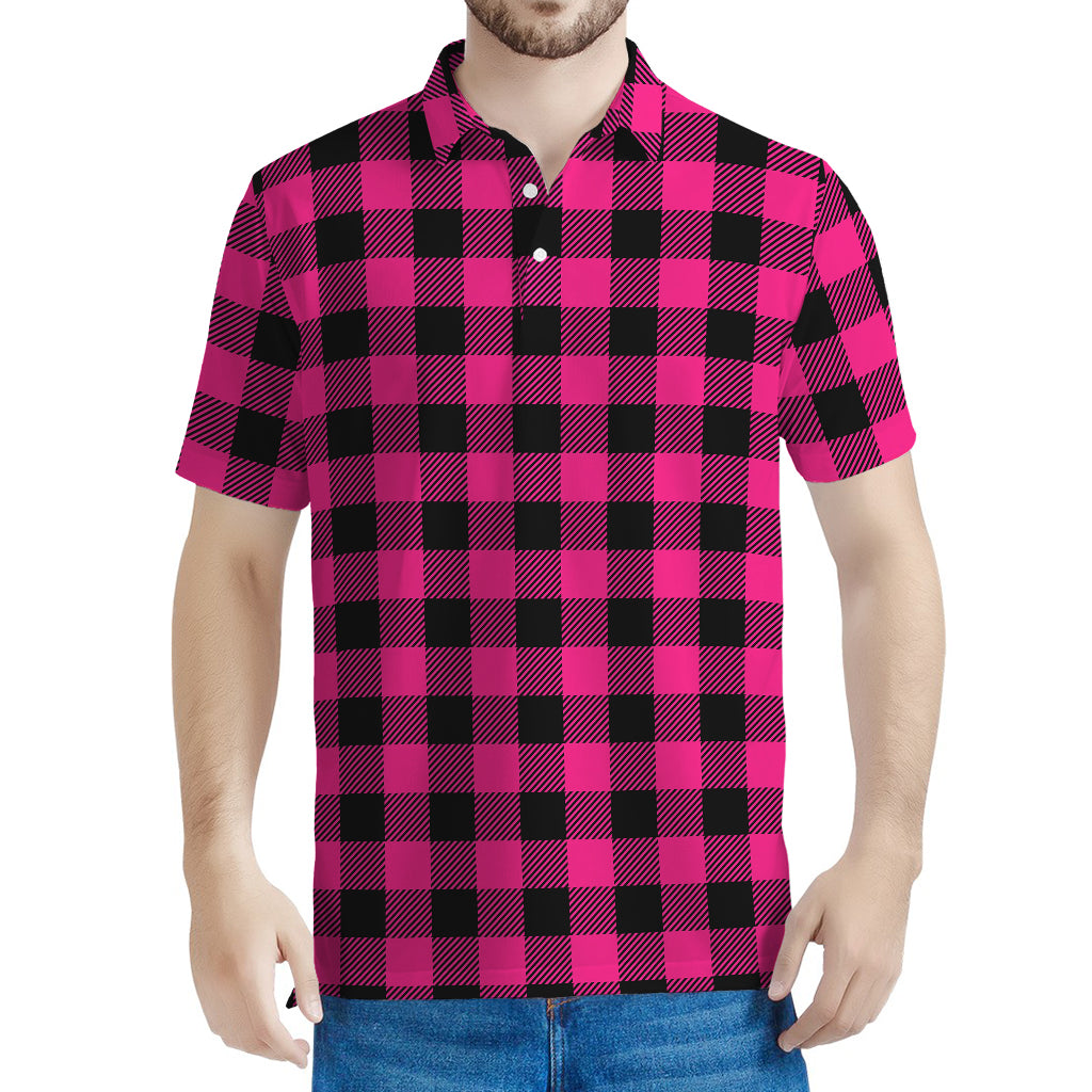 Pink And Black Buffalo Plaid Print Men's Polo Shirt