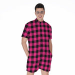 Pink And Black Buffalo Plaid Print Men's Rompers