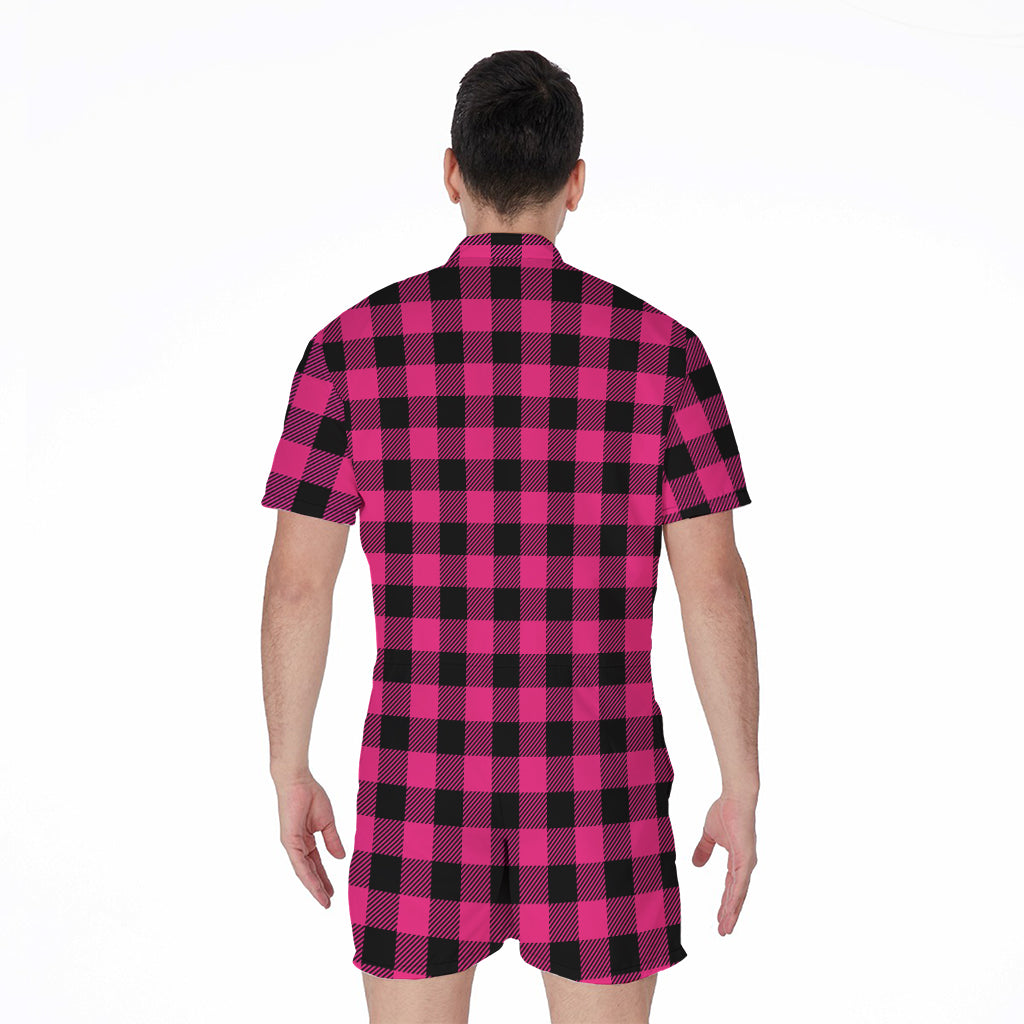 Pink And Black Buffalo Plaid Print Men's Rompers