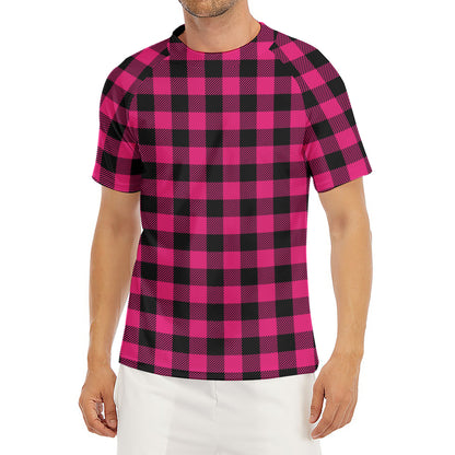 Pink And Black Buffalo Plaid Print Men's Short Sleeve Rash Guard