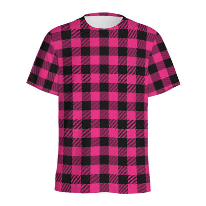 Pink And Black Buffalo Plaid Print Men's Sports T-Shirt