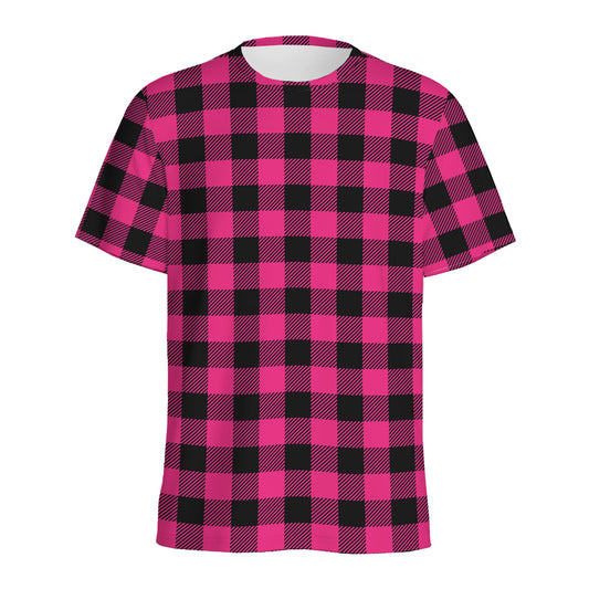 Pink And Black Buffalo Plaid Print Men's Sports T-Shirt