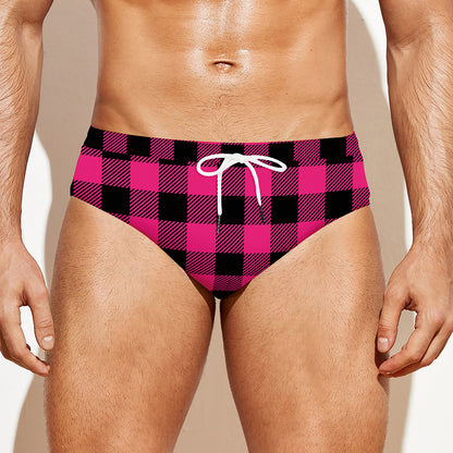 Pink And Black Buffalo Plaid Print Men's Swim Briefs