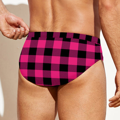 Pink And Black Buffalo Plaid Print Men's Swim Briefs