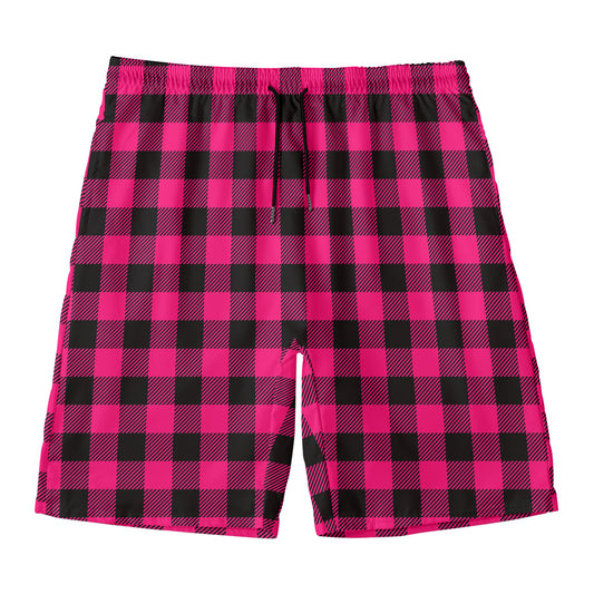 Pink And Black Buffalo Plaid Print Men's Swim Trunks