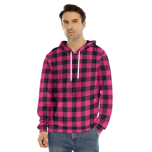 Pink And Black Buffalo Plaid Print Men's Velvet Pullover Hoodie