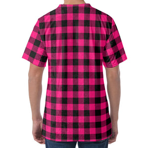 Pink And Black Buffalo Plaid Print Men's Velvet T-Shirt