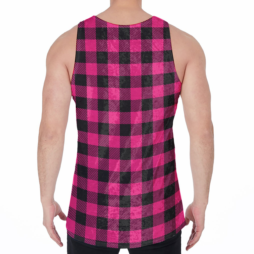Pink And Black Buffalo Plaid Print Men's Velvet Tank Top