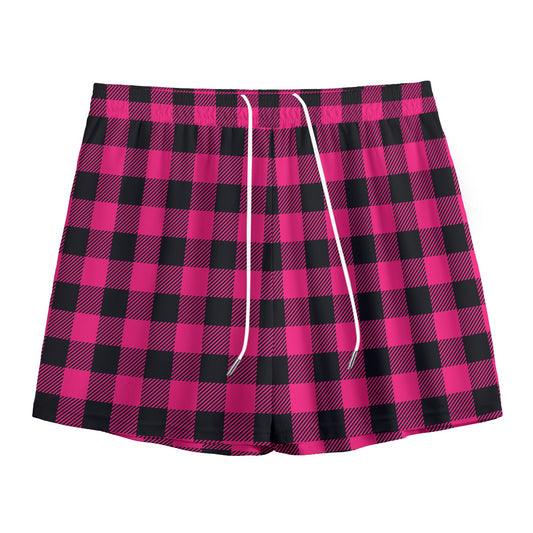 Pink And Black Buffalo Plaid Print Mesh Shorts