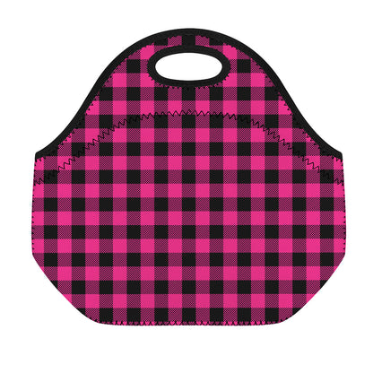 Pink And Black Buffalo Plaid Print Neoprene Lunch Bag