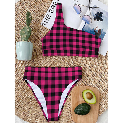 Pink And Black Buffalo Plaid Print One Shoulder Bikini Top