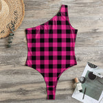 Pink And Black Buffalo Plaid Print One Shoulder Bodysuit