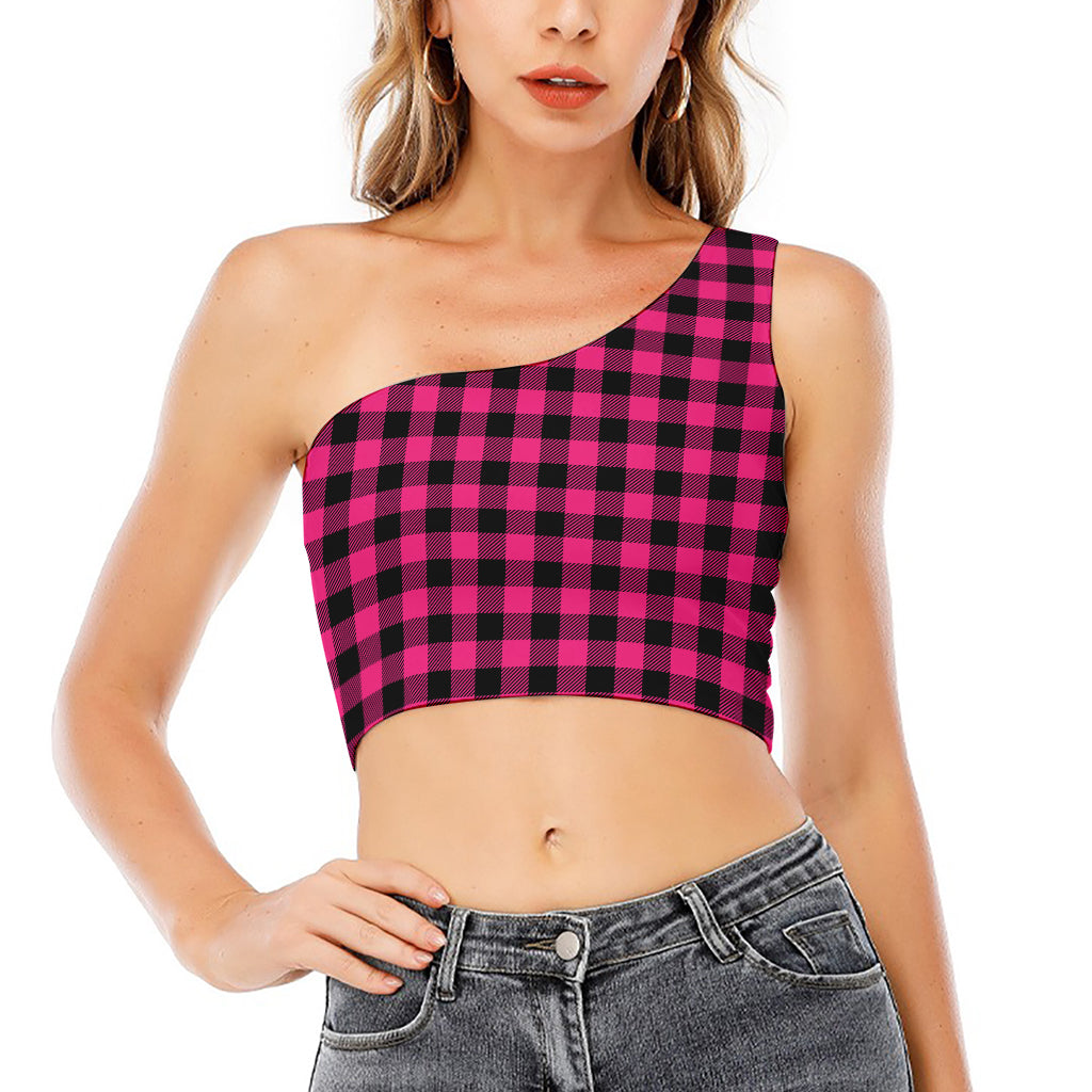 Pink And Black Buffalo Plaid Print One Shoulder Crop Top