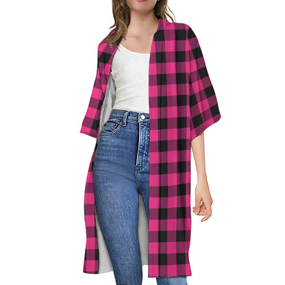 Pink And Black Buffalo Plaid Print Open Front Beach Cover Up