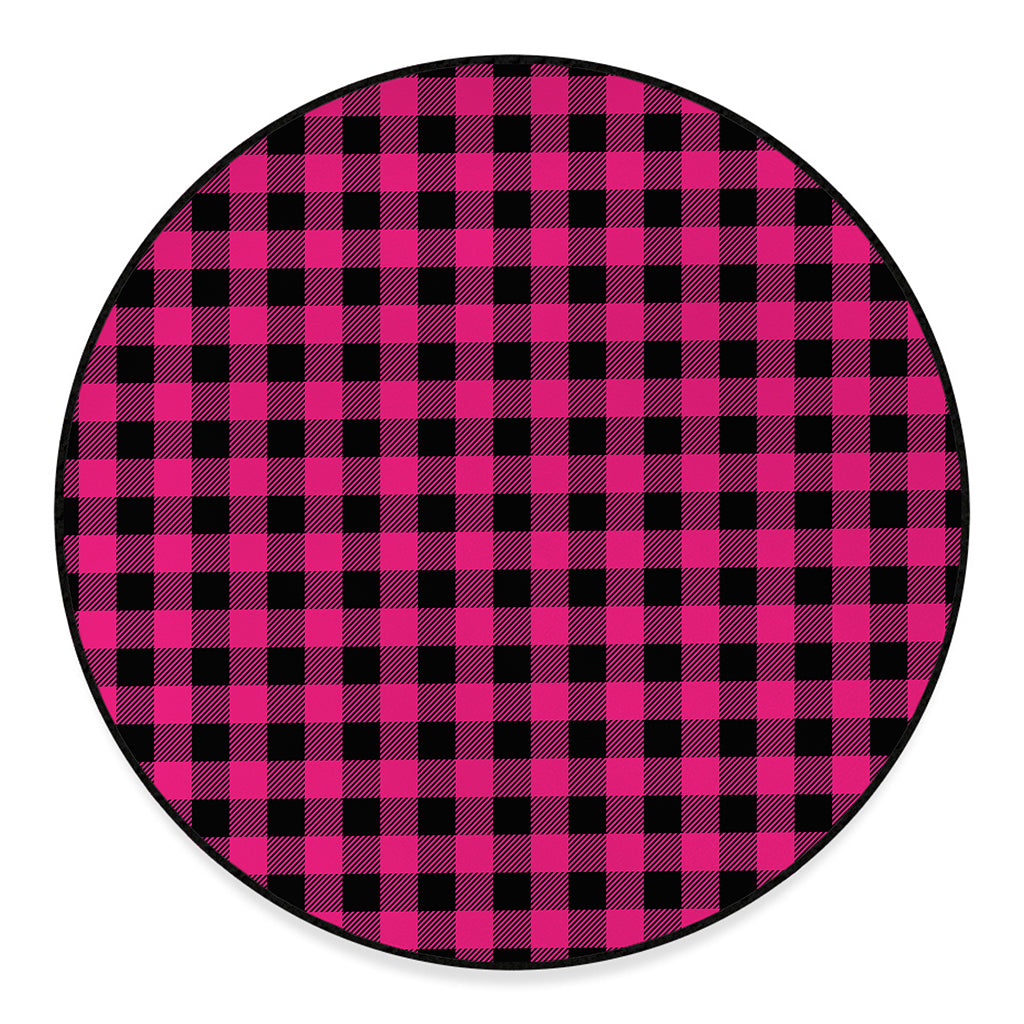 Pink And Black Buffalo Plaid Print Round Floor Mat