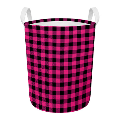 Pink And Black Buffalo Plaid Print Round Laundry Basket