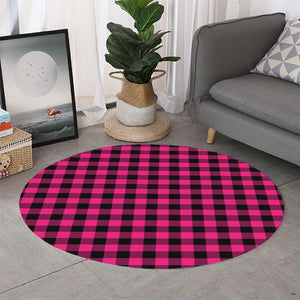 Pink And Black Buffalo Plaid Print Round Rug