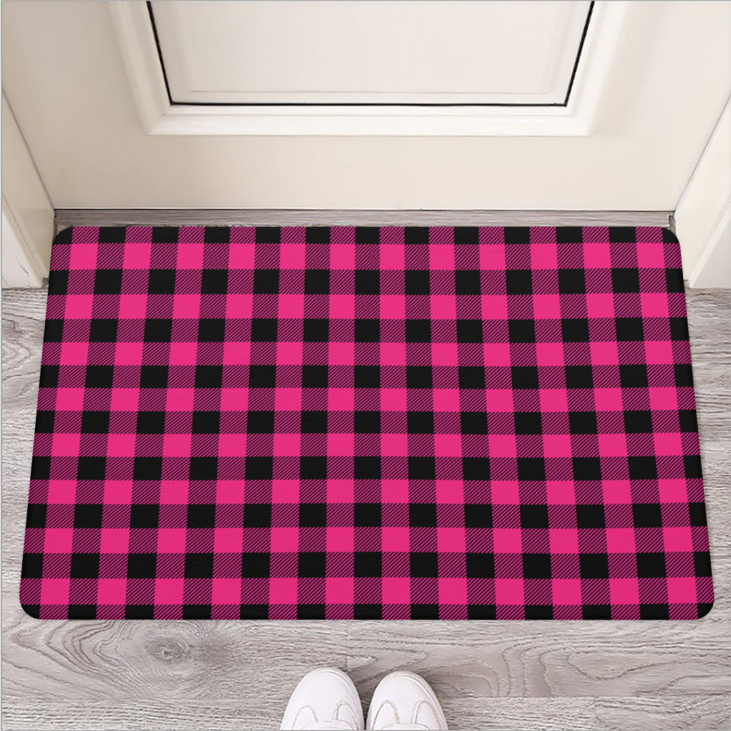 Pink And Black Buffalo Plaid Print Rubber Doormat