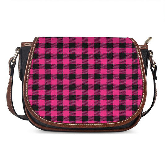 Pink And Black Buffalo Plaid Print Saddle Bag
