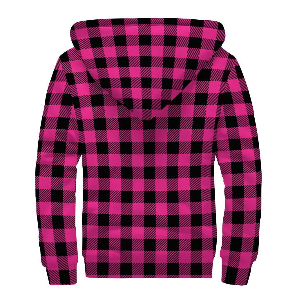 Pink And Black Buffalo Plaid Print Sherpa Lined Zip Up Hoodie
