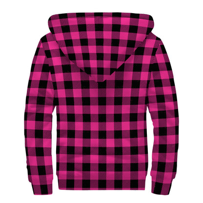 Pink And Black Buffalo Plaid Print Sherpa Lined Zip Up Hoodie