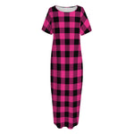 Pink And Black Buffalo Plaid Print Short Sleeve Long Nightdress