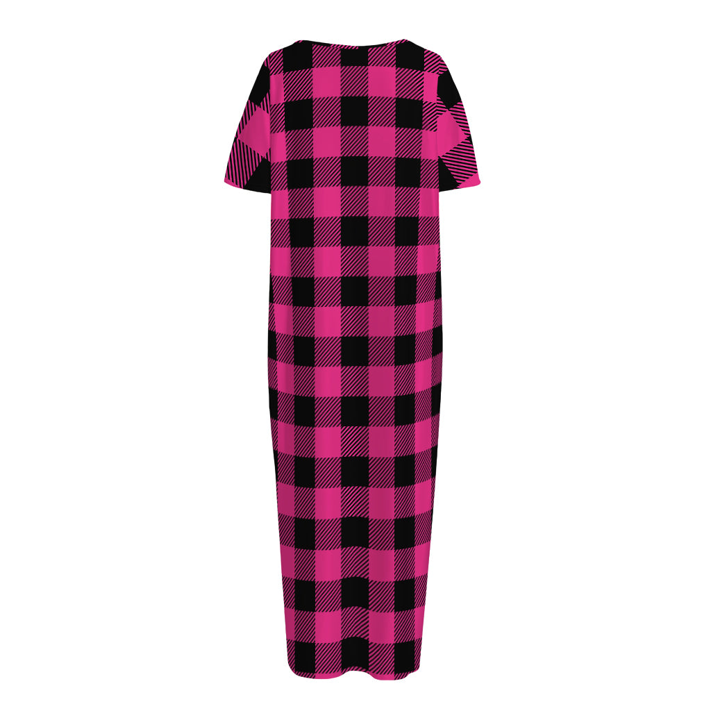 Pink And Black Buffalo Plaid Print Short Sleeve Long Nightdress