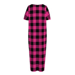 Pink And Black Buffalo Plaid Print Short Sleeve Long Nightdress