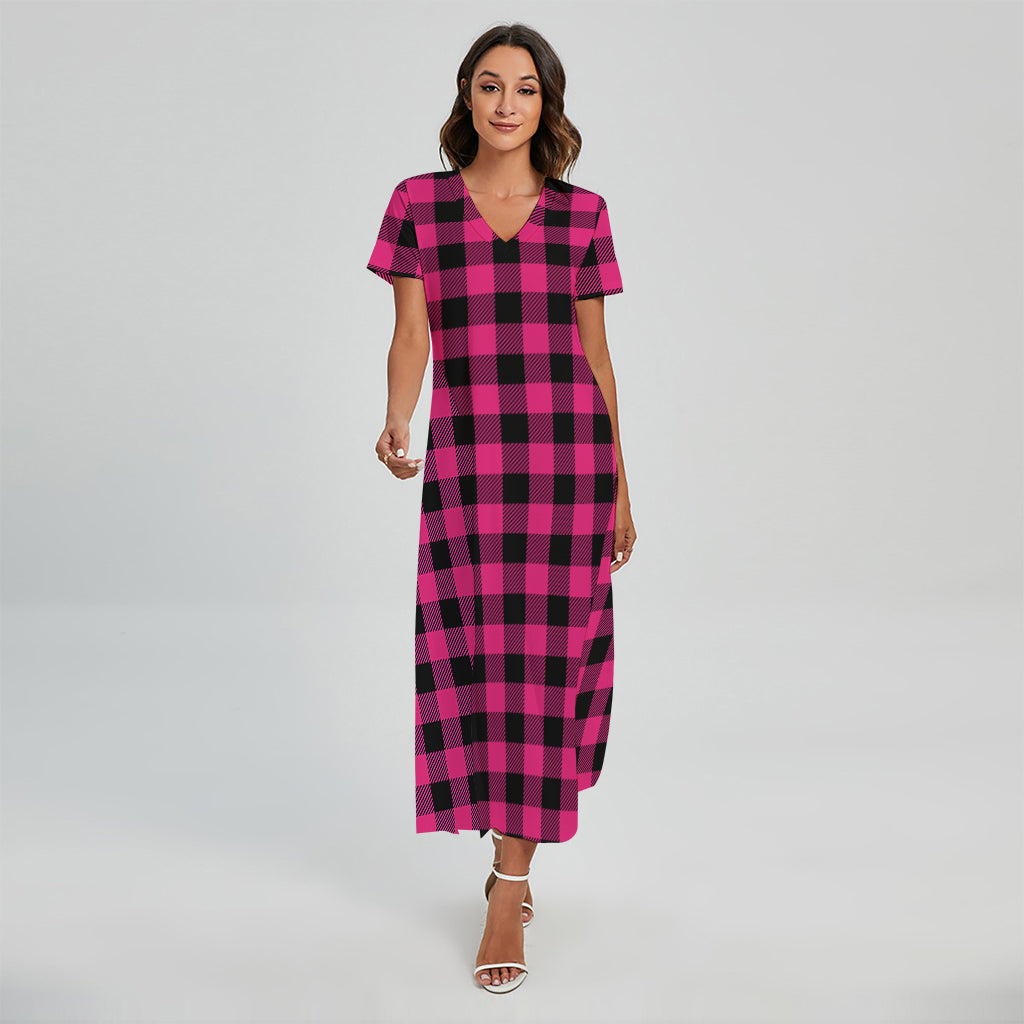 buffalo plaid maxi dress Pink And Black Print Short Sleeve cluster button front placket Core Colors:White coconut Pink Formal Gowns At