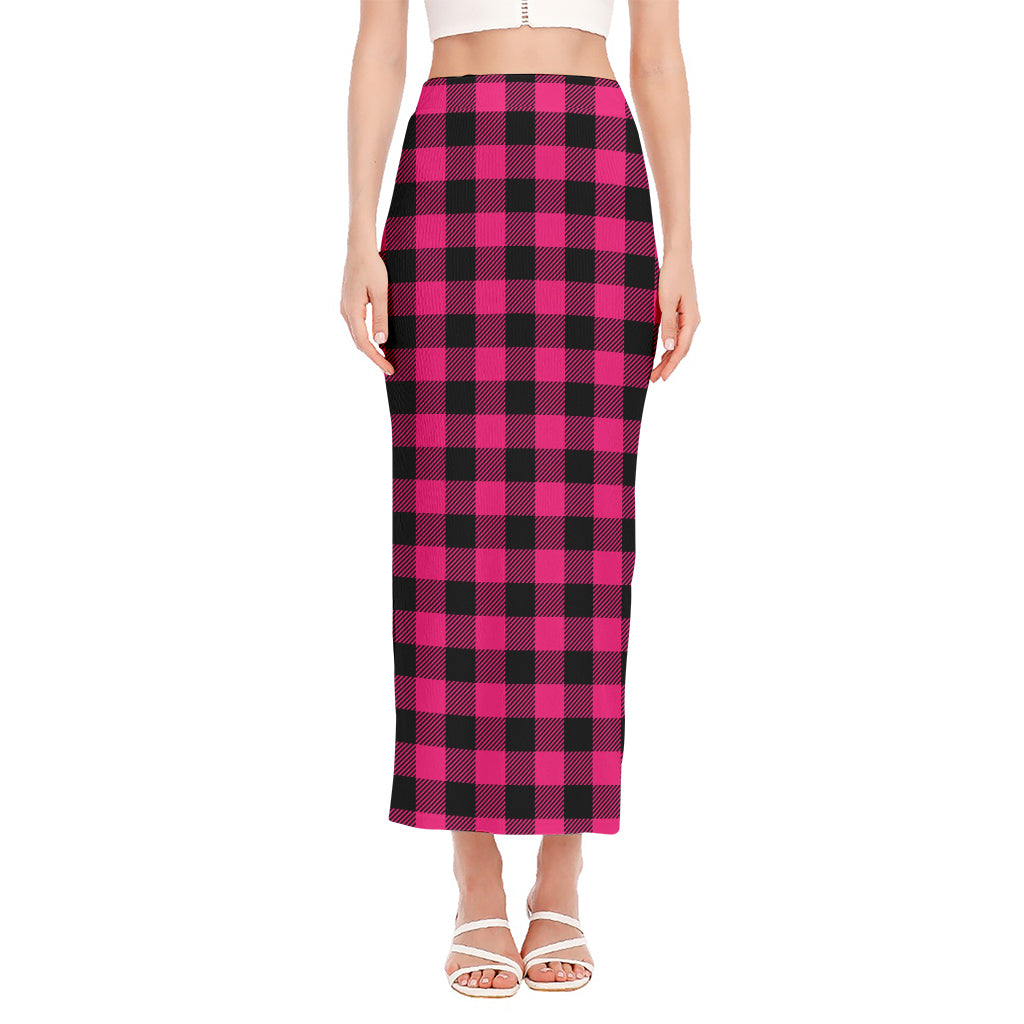 Pink And Black Buffalo Plaid Print Side Slit Maxi Skirt