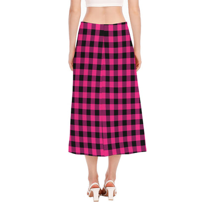 Pink And Black Buffalo Plaid Print Side Slit Midi Skirt