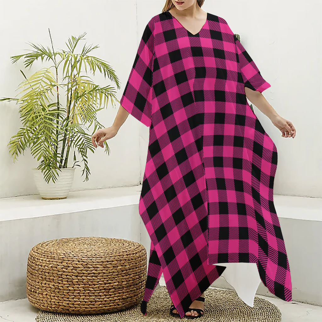 Pink And Black Buffalo Plaid Print Silk V-Neck Kaftan Dress