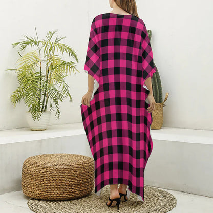Pink And Black Buffalo Plaid Print Silk V-Neck Kaftan Dress