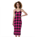 Pink And Black Buffalo Plaid Print Slim Fit Midi Cami Dress
