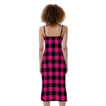 Pink And Black Buffalo Plaid Print Slim Fit Midi Cami Dress