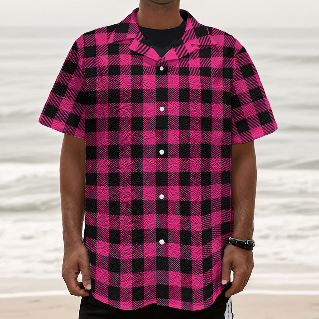 Pink And Black Buffalo Plaid Print Textured Short Sleeve Shirt