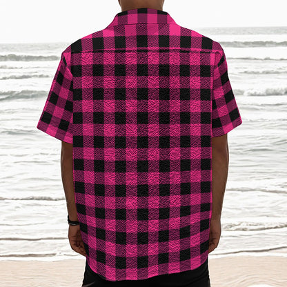 Pink And Black Buffalo Plaid Print Textured Short Sleeve Shirt