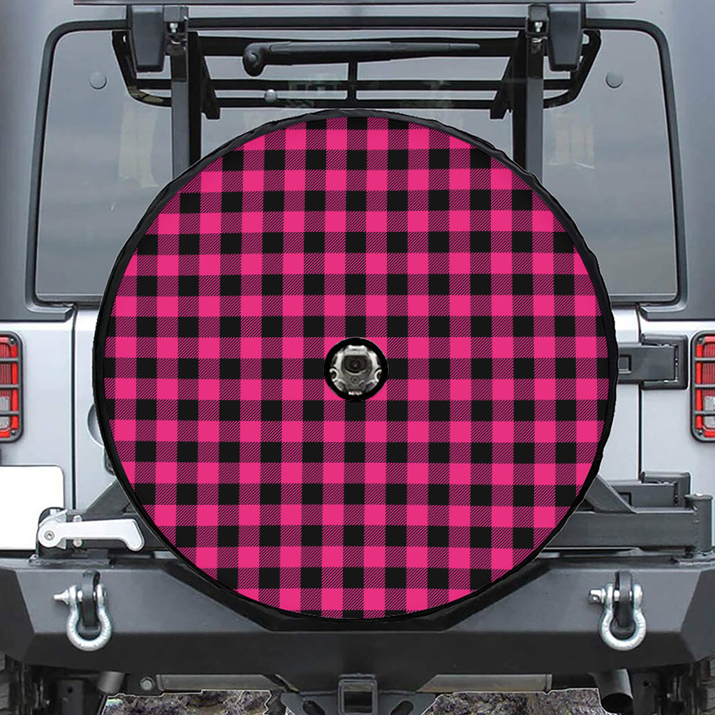 Pink And Black Buffalo Plaid Print Tire Cover With Camera Hole