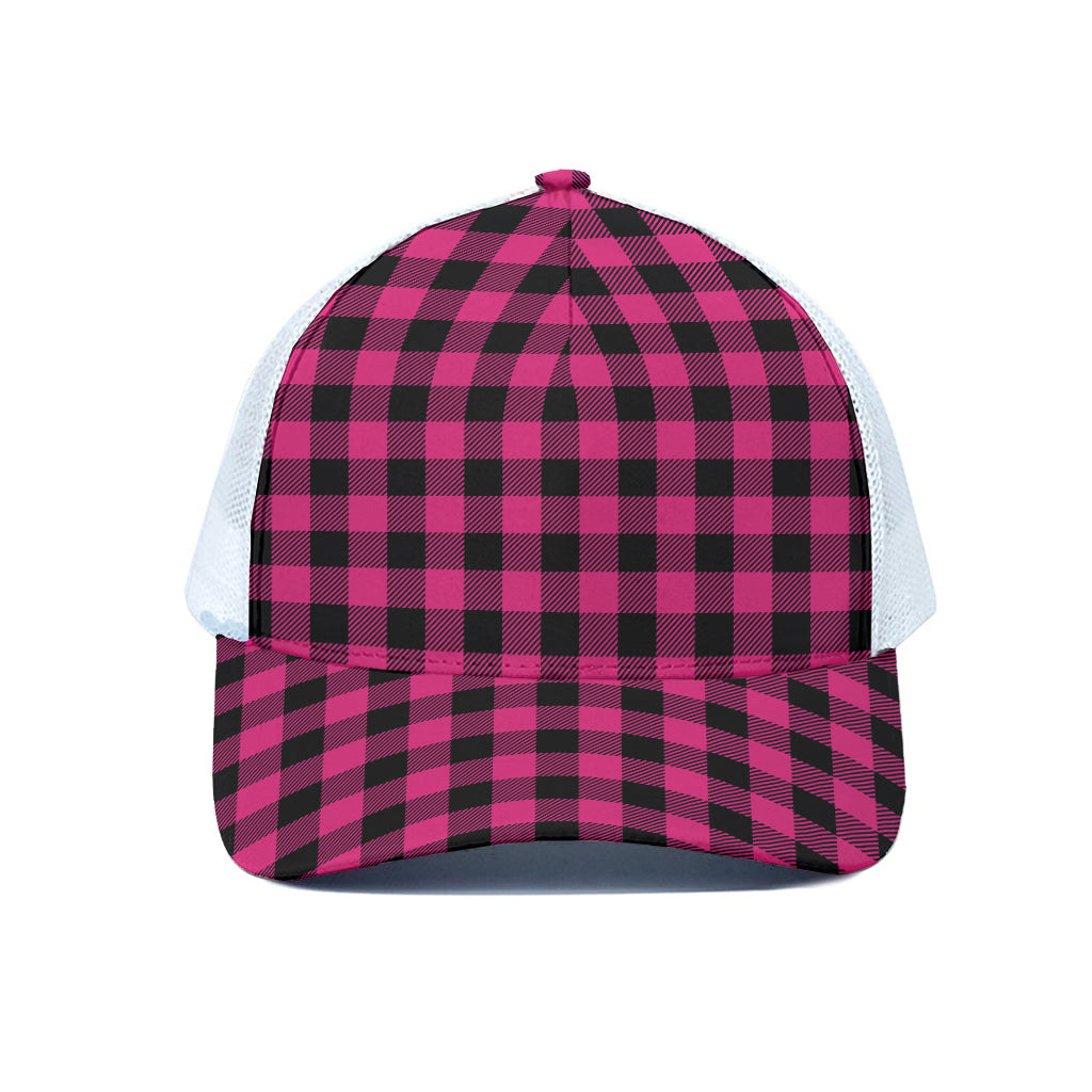 Pink And Black Buffalo Plaid Print White Mesh Trucker Cap
