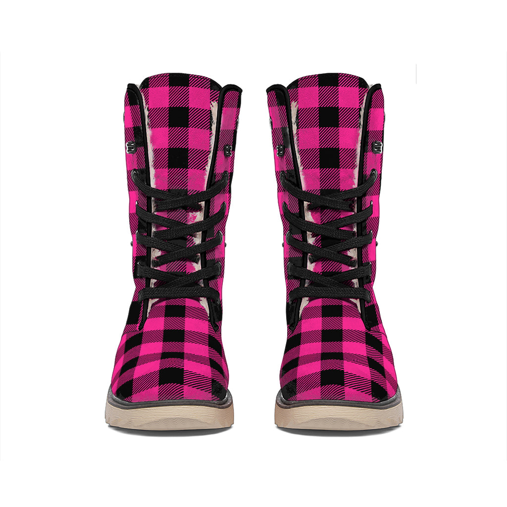 Pink And Black Buffalo Plaid Print Winter Boots