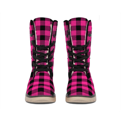 Pink And Black Buffalo Plaid Print Winter Boots