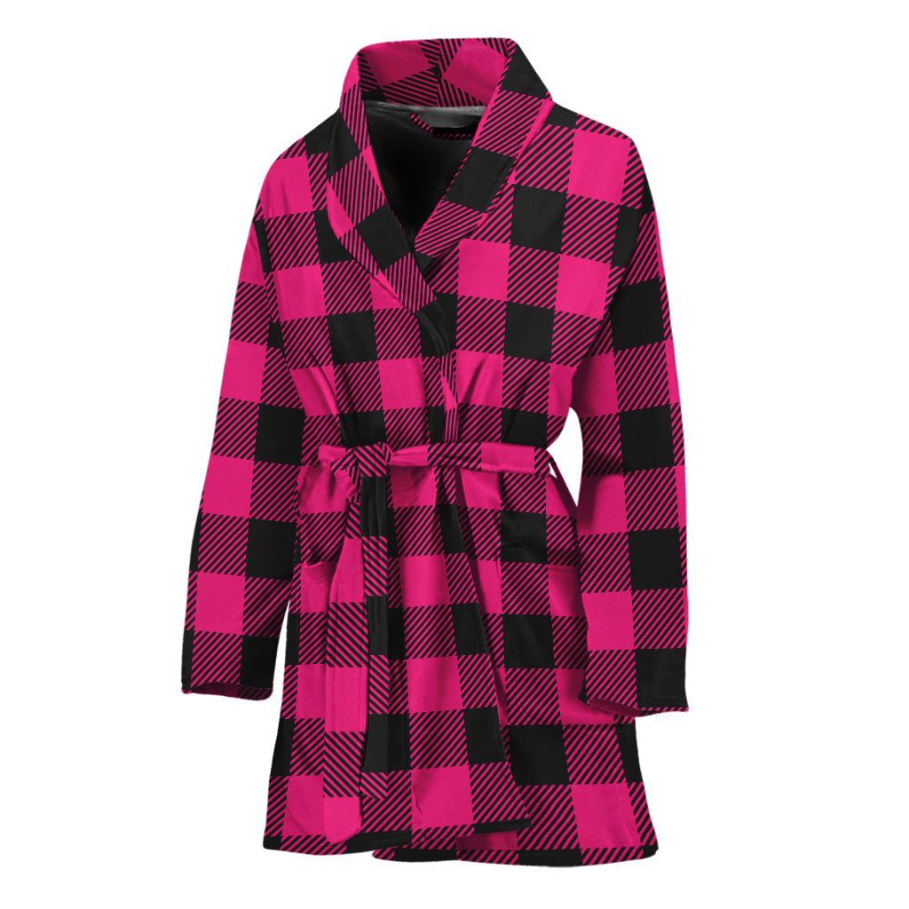Pink And Black Buffalo Plaid Print Women's Bathrobe