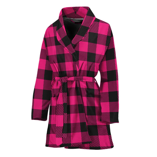 Pink And Black Buffalo Plaid Print Women's Bathrobe