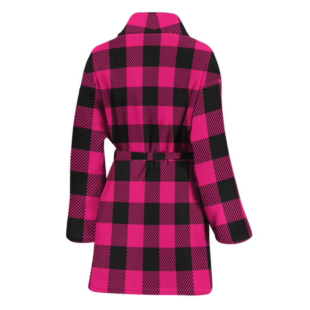 Pink And Black Buffalo Plaid Print Women's Bathrobe