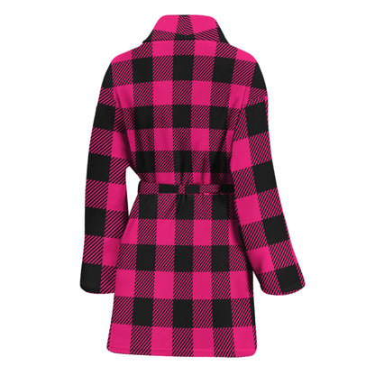 Pink And Black Buffalo Plaid Print Women's Bathrobe